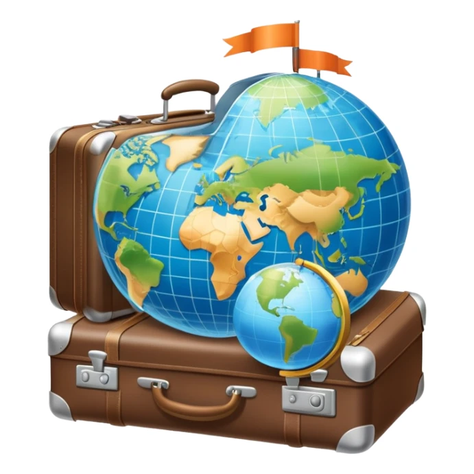 An icon featuring a suitcase, 1 globe, and a hotel building, symbolizing tourism and hospitality studies. The design includes a map and compass, representing travel research and industry analysis. Transparent background sticker