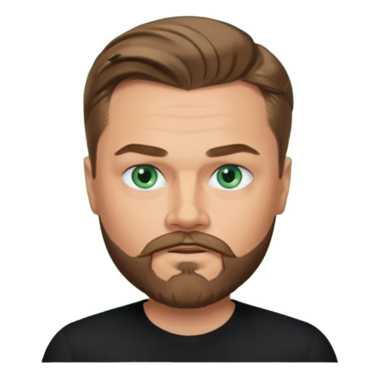 a good looking like leonardo di caprio blue eyes, beard, mustache, a black shirt, green eyes sticker