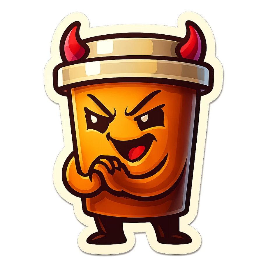 Tall coffee cup, devil horns, smirking, evil, rubbing hands together, laughing sticker