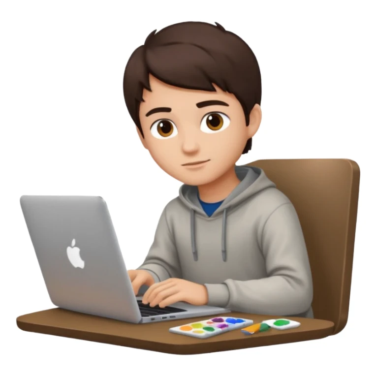 boy working in Macbook, he is graphic designer and paint artist, he seat front side and hair dark brown color sticker