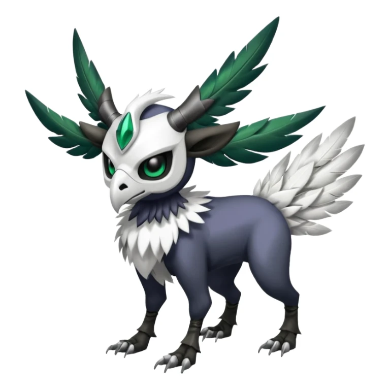 Shiny Black Grey White and Dark-Green Trico-Skarmory-Silvally-Skiddo-Sprigatito-Absol-fusion (full body) with and edgy white horned skull mask face sticker