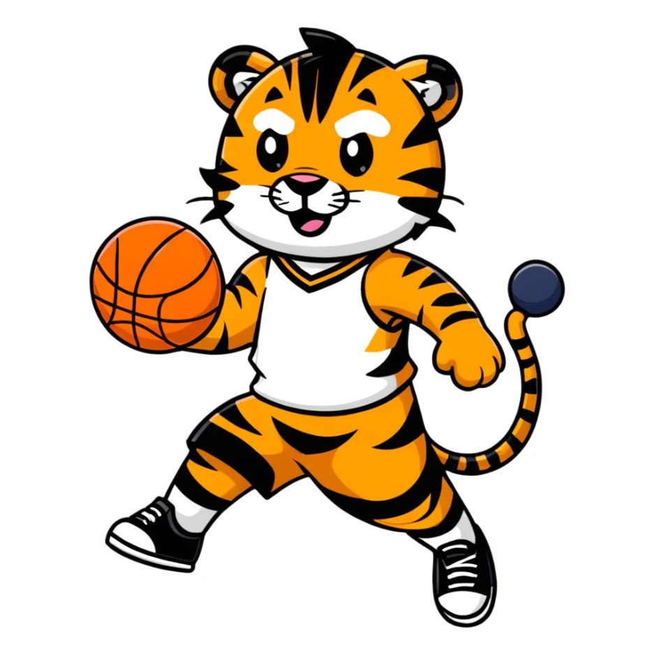 cartoon tiger playing basketball, vibrant colors sticker