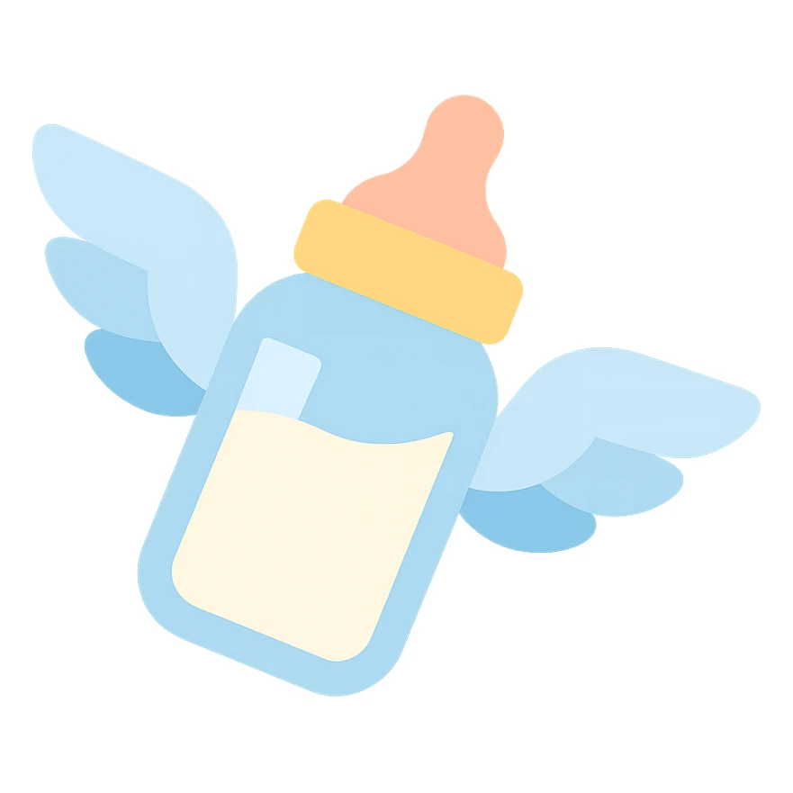 flying baby bottle with milk, wings, colorful icon sticker