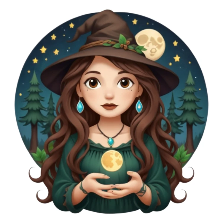 cute forest witch woman long wavy brown hair tattoos holding tiny moon sticker
