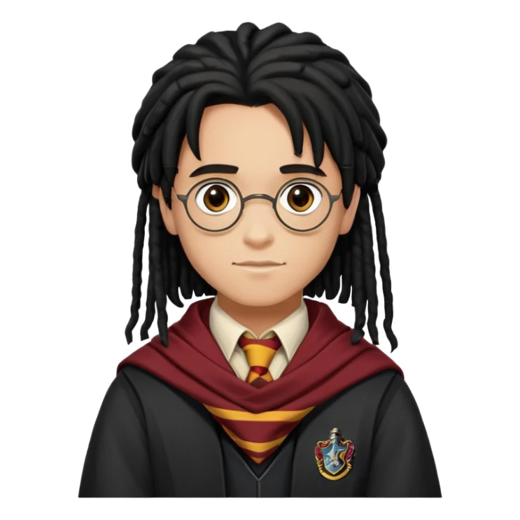 Luke Youngblood is Lee Jordan in harry potter, wear hogwarts uniform, dreadlocks black  hair, gryfindor scarf around neck sticker