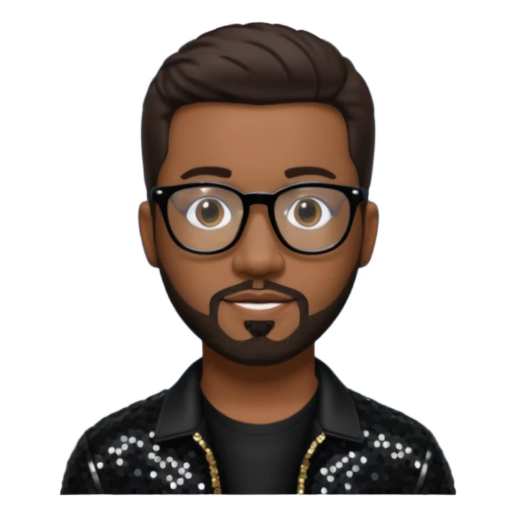 Nathan Morris (b.1971) from Boyz II Men with dark brown hair and short beard, black sequin outfit, glasses sticker