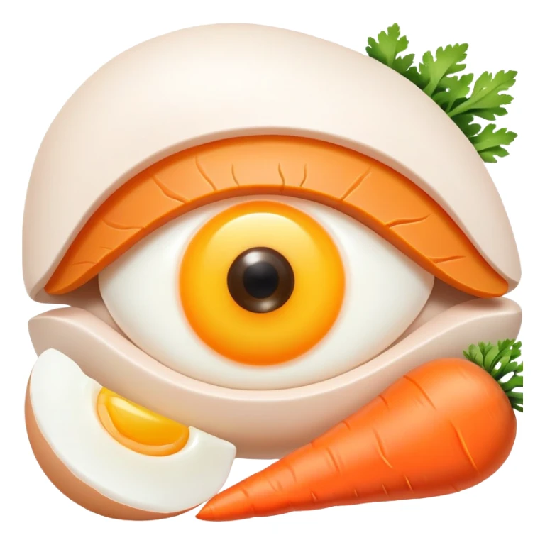 Carrot, chicken, and egg yolk surrounding a simple eye symbol and a small patch of glowing healthy skin. Gentle rays connect the foods to the eye and skin, showing vitamin A's role in vision and skin health. sticker