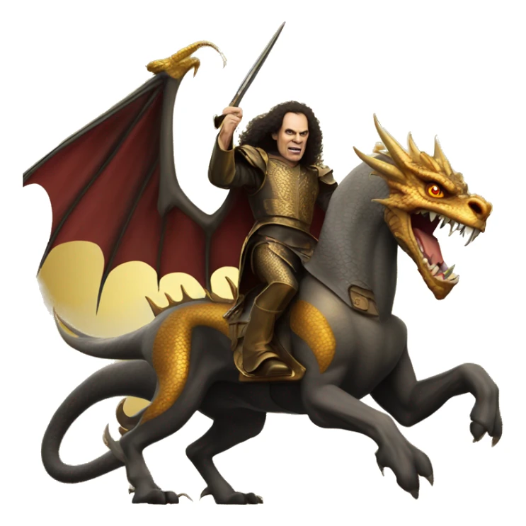 Ronnie james dio with medieval looks riding a golden dragon sticker
