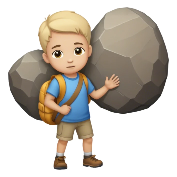 A statue child  carrying a large rock on his shoulders. Real 3D image sticker
