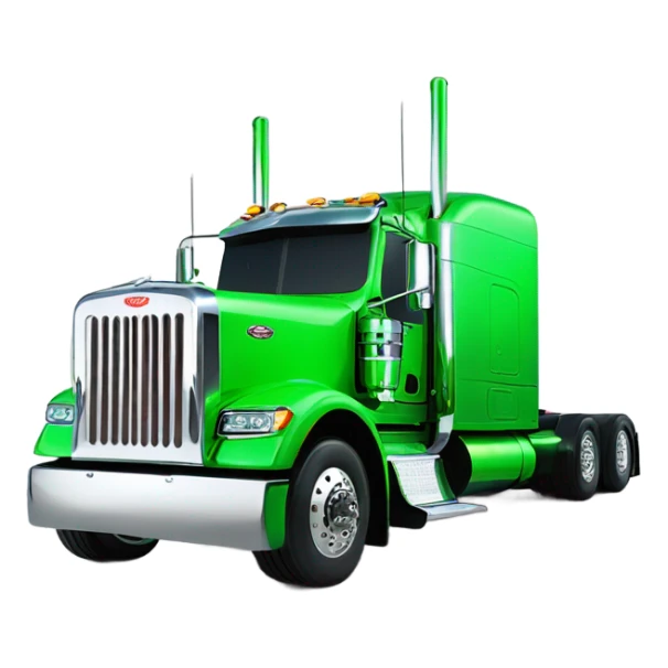 neon green peterbilt semi truck lowered on the ground with large chrome wheels and chrome smoke stacks sticker