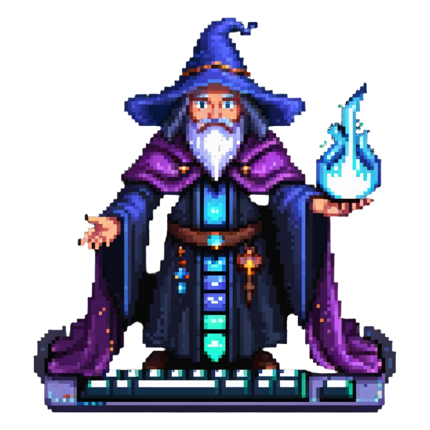 powerful wizard coding on a glowing magical keyboard, no laptop, mystical aura surrounding him, confident expression, looks like the ultimate boss of coding, wearing impressive dark robe sticker