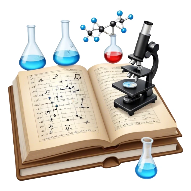 Icon for Scientific and Educational Reading: an open book with mathematical and physical formulas on the pages, with molecules and atoms flying out. On the desk are test tubes, flasks, and a microscope. Transparent background. sticker
