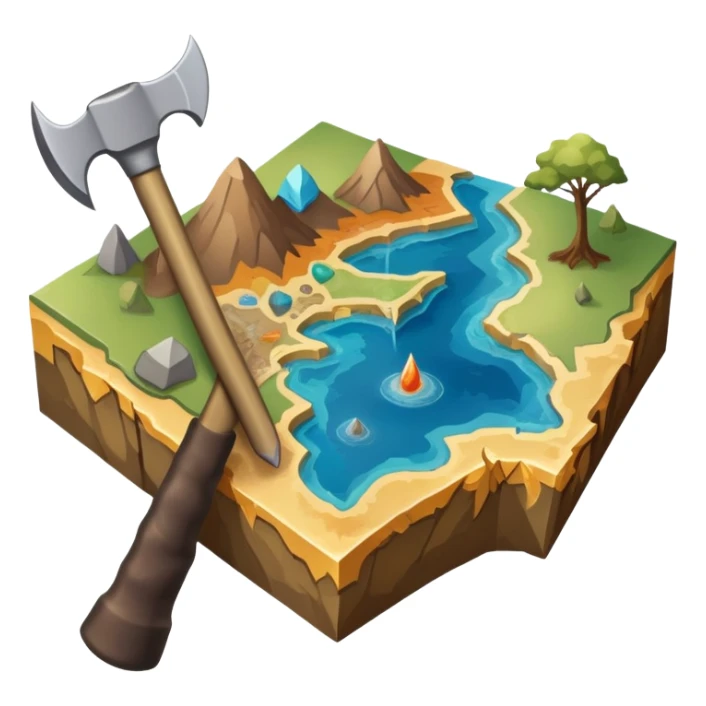 An icon featuring a pickaxe and a geological map, and layers of Earth’s crust, symbolizing geology. The design includes mineral samples, fossils, and tectonic plates, representing the study of Earth’s structure and natural processes. Transparent background highlights geological exploration sticker