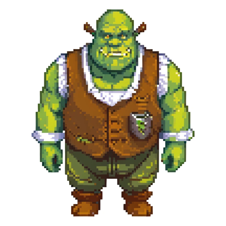 Shrek as a pixel art style green ogre, simple features, brown vest, white shirt, blocky look sticker