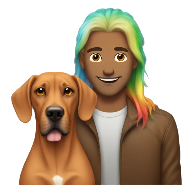 white male with long rainbow colored hair alongside a brown rhodesian ridgeback sticker