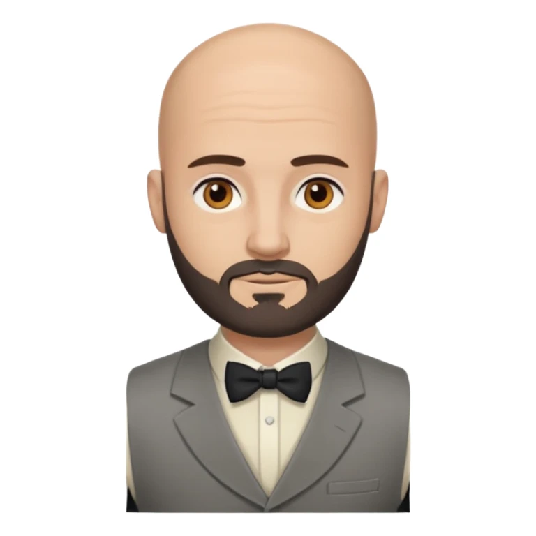 bald headed brown eyes groom with dark beard cream shirt grey vest sticker