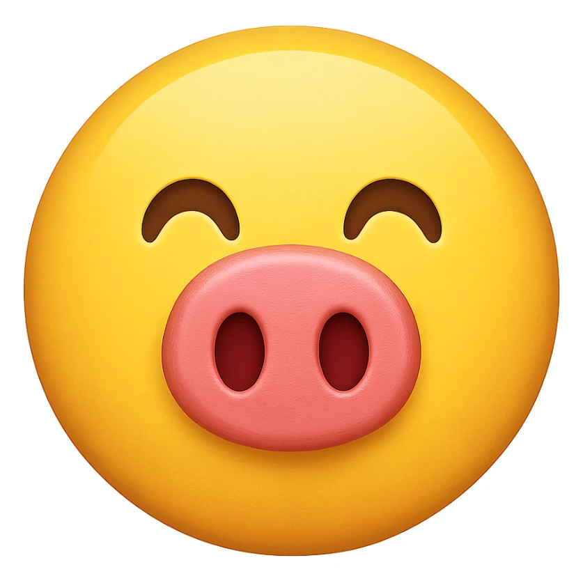 yellow face with pink pig nose, digital illustration, emoji style sticker