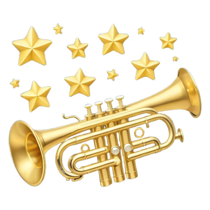 “Flat vector icon of a golden side-view trumpet with three valves, thick outline, on a deep navy blue rounded-square (or circle); 2–3 white or light-blue notes come out of the bell, surrounded by a soft light-yellow glow and a tiny golden star, plus a small speech bubble with the word ‘¡Azúcar!’.  sticker