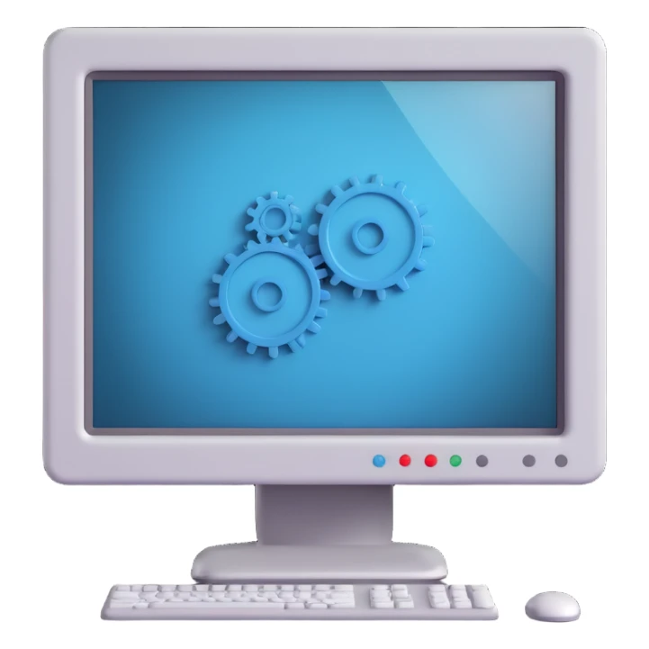 3D style icon of computer settings, featuring a computer monitor with visible cogs or gears, modern and dimensional, suitable for a tech interface sticker