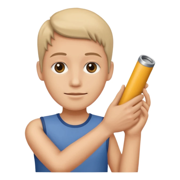 a beige skin colored hand holding a cylindrical tube, no sleeves, sticker