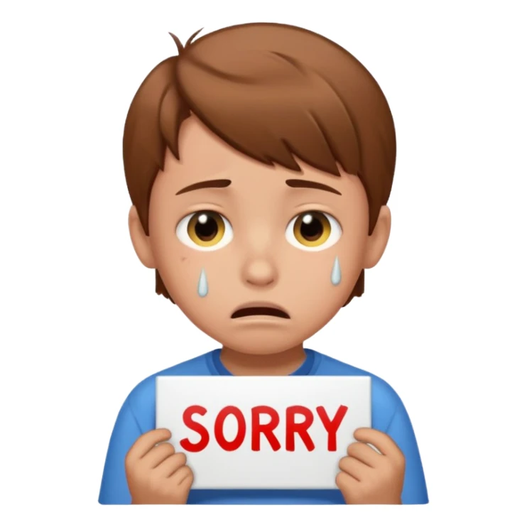 Boy with sign written sorry bhasha with crying emoji sticker
