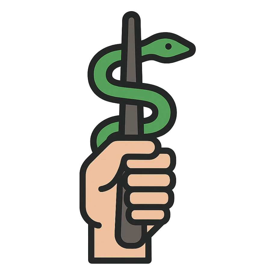 digital sticker of a wand with a snake coiled around a hand, semi-realistic vector art style, clean outlines, flat green, black, and gray colors, slight shadows, arranged for a sticker sheet sticker