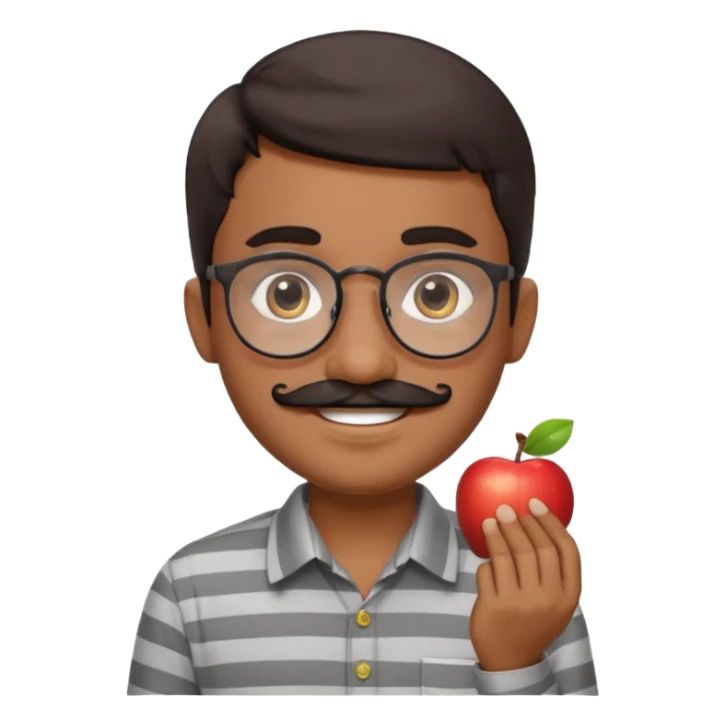 smiling young Pakistani shopkeeper, short dark hair, round eyeglasses, thick black mustache, light grey striped collared shirt, cheerful and welcoming expression, clean and rounded Apple emoji style, friendly vibe, clear facial features sticker