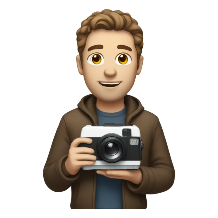 white man with brown hair holding a polaroid camera sticker
