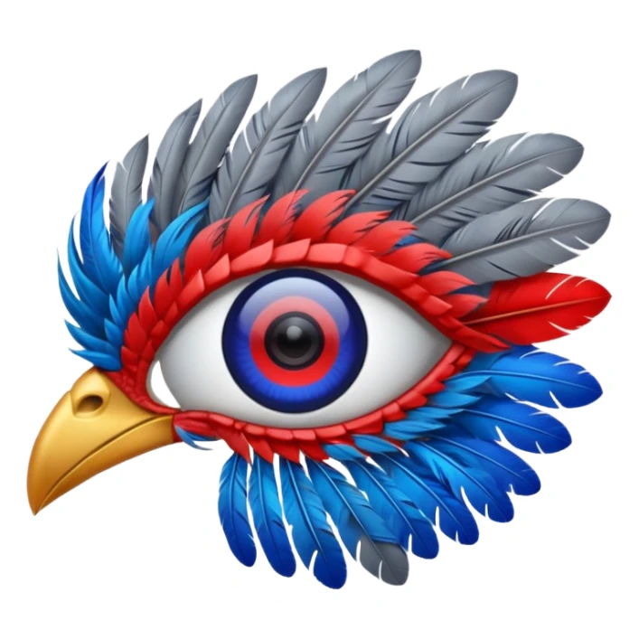grey eye piece with red and blue feathers sticker