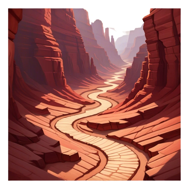 Cinematic Realistic Canyon Emoji, Vast and rugged, with deep red rock formations and winding paths leading down to a dry, dusty floor. Sunlight casts long shadows across the craggy surfaces, highlighting the layers of ancient rock. Soft glowing outline, capturing the essence of dramatic beauty and ancient history in a mighty canyon. sticker