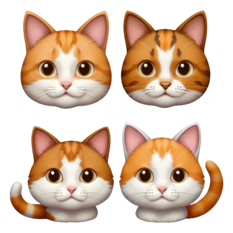 3 different coloured small cats including a dark brown tabby and white, and a patchy calico, and a ginger and white sticker