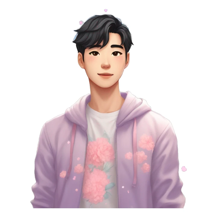 Gorgeous bright sparkly romantic Asian pastel anime style guy with blushing face and flowers aesthetic trending style outside sticker