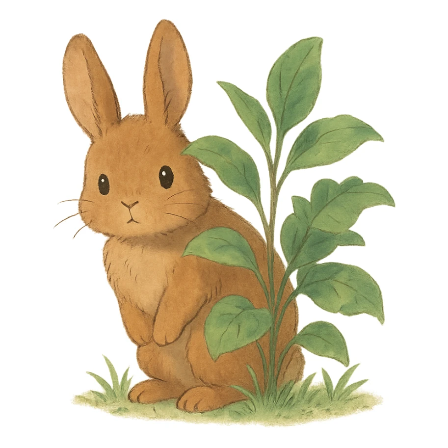 full-body cinnamon bunny peeking behind a plant in soft Ghibli style sticker