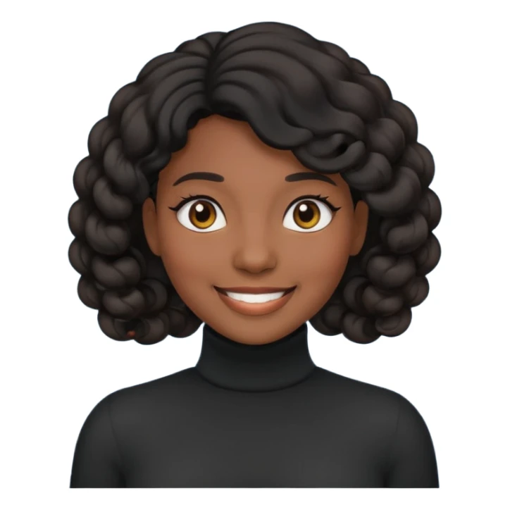 Create a custom emoji-style character inspired by a smiling black woman with curled black hair, dark skin tone, dark eyes, and wearing a turtleneck.  sticker