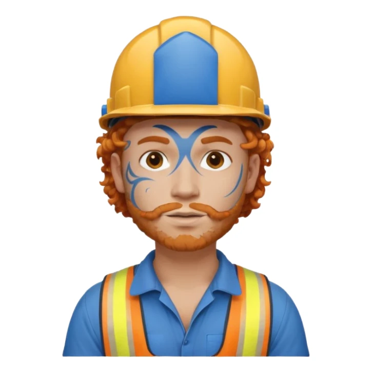 construction worker man ginger curly hair, blue helmet and heavy face tattoo sticker