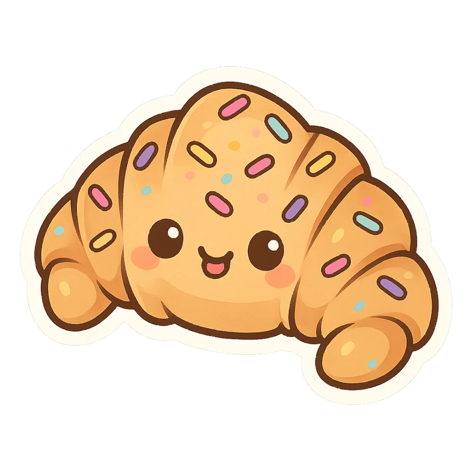 chibi sticker-style croissant with sprinkles, cute and exaggerated sticker