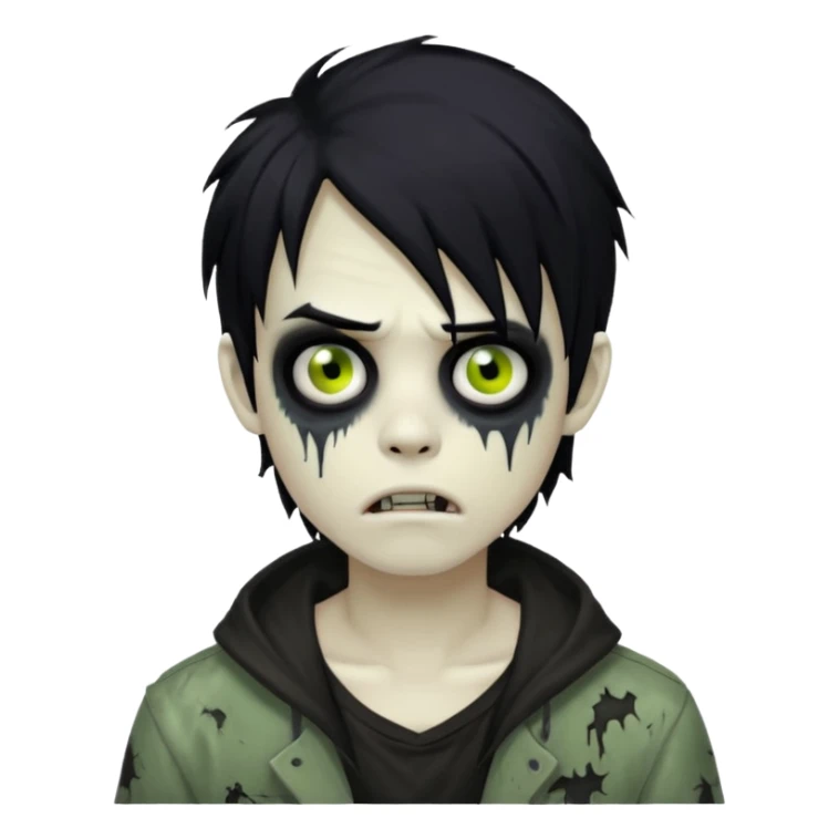 spooky boy zombie, medium-long black hair, emo and messy, creepy expression sticker