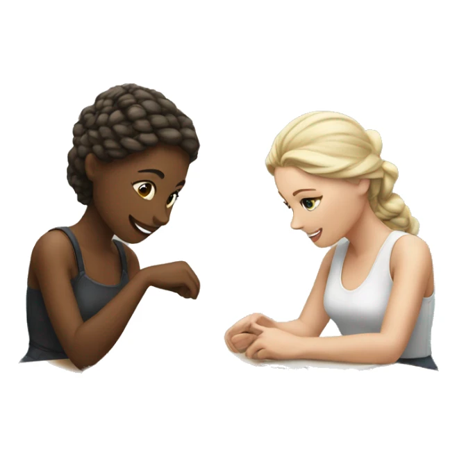 Two white girls at a table chatting and crafting  sticker