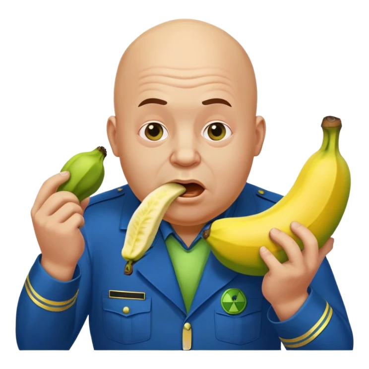 bald a bit fat man in a blue uniform eats a toxic green radioactive banana sticker