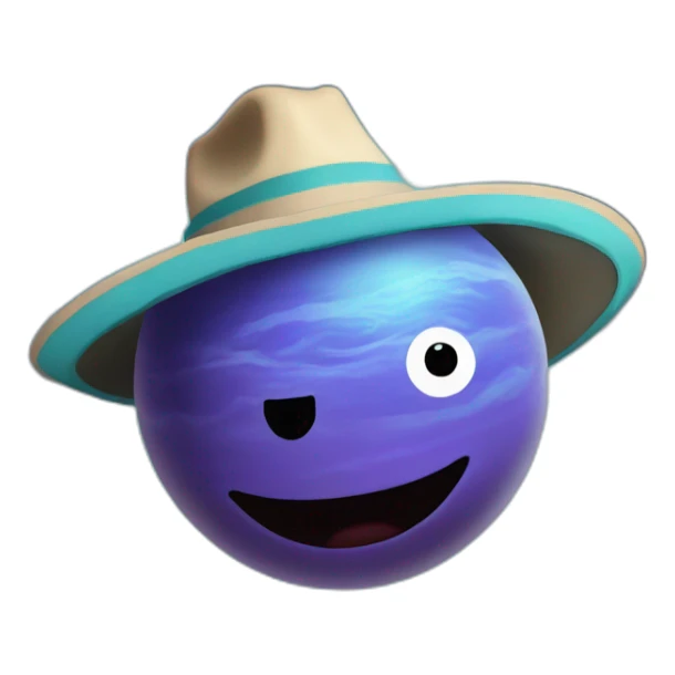 planet Neptune with a cartoon cowboy hat and happy face sticker