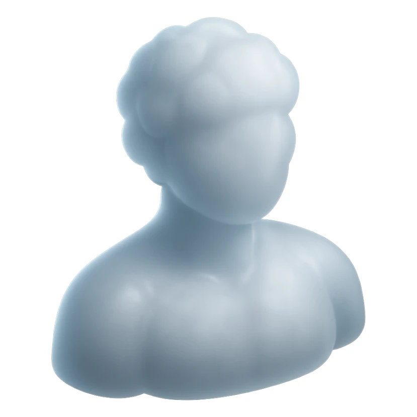person from shoulders up, fully composed of white fluffy convex clouds, matte glass style, no background, no extra details sticker