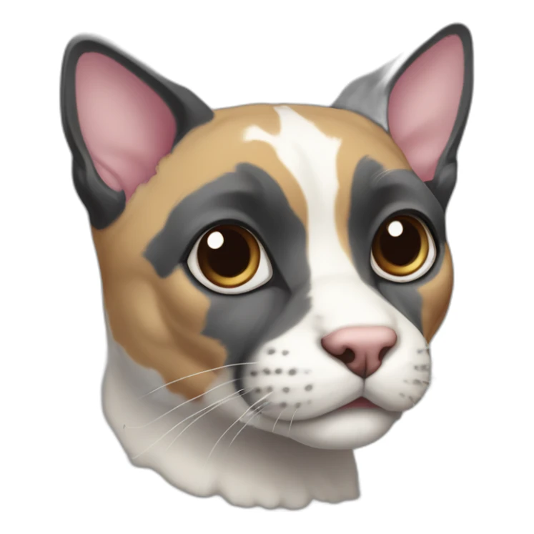 older diluted calico, white chin, black and pink nose, mostly dark grey with whiteish beige forehead, dark grey ears sticker