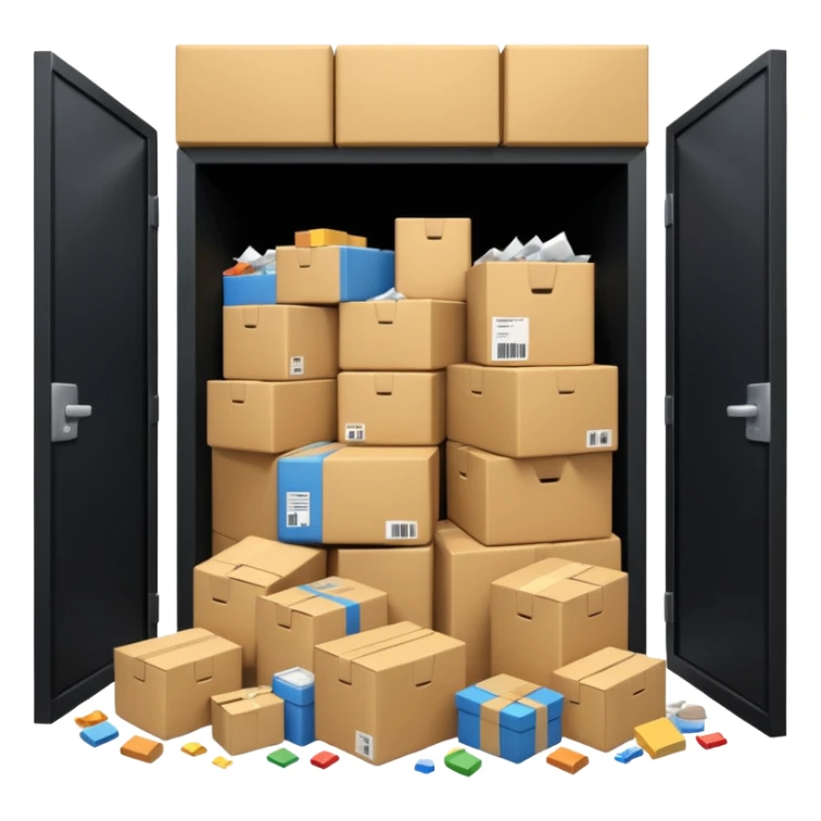 Generate a realistic emoji-style of a overfilled storage room where the packages are falling over sticker