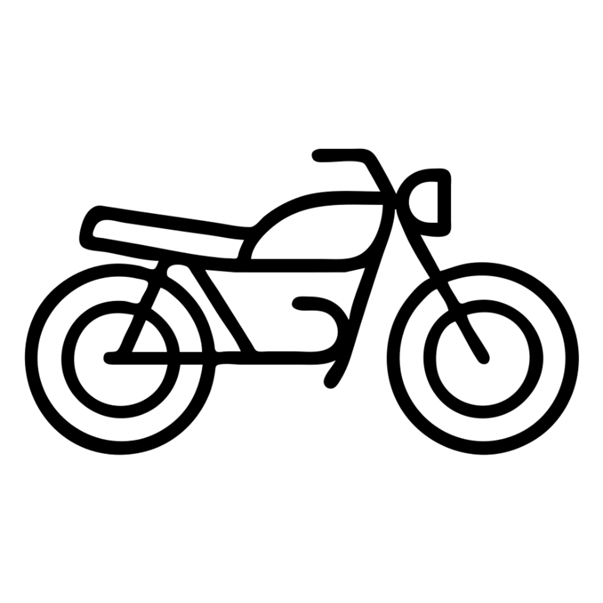 Motorcycle outline, side view with visible wheels, handlebars, and seat sticker