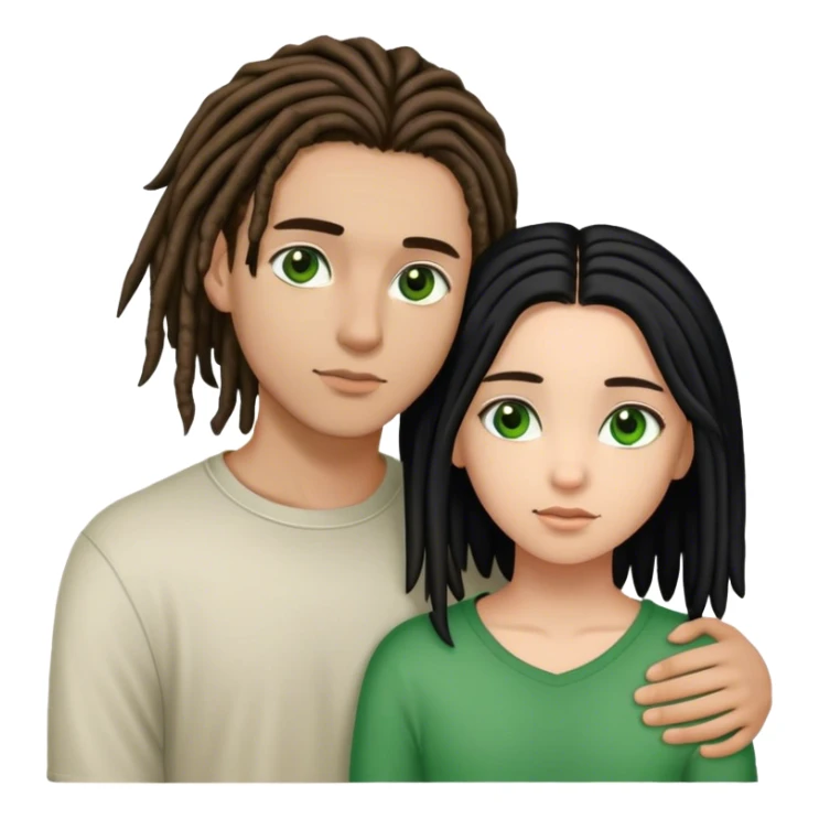 couple holding eachother. boy is light skinned, short brown dreads, and green eyes.girl is light skinned, long black hair slicked straight, and brown eyes. sticker
