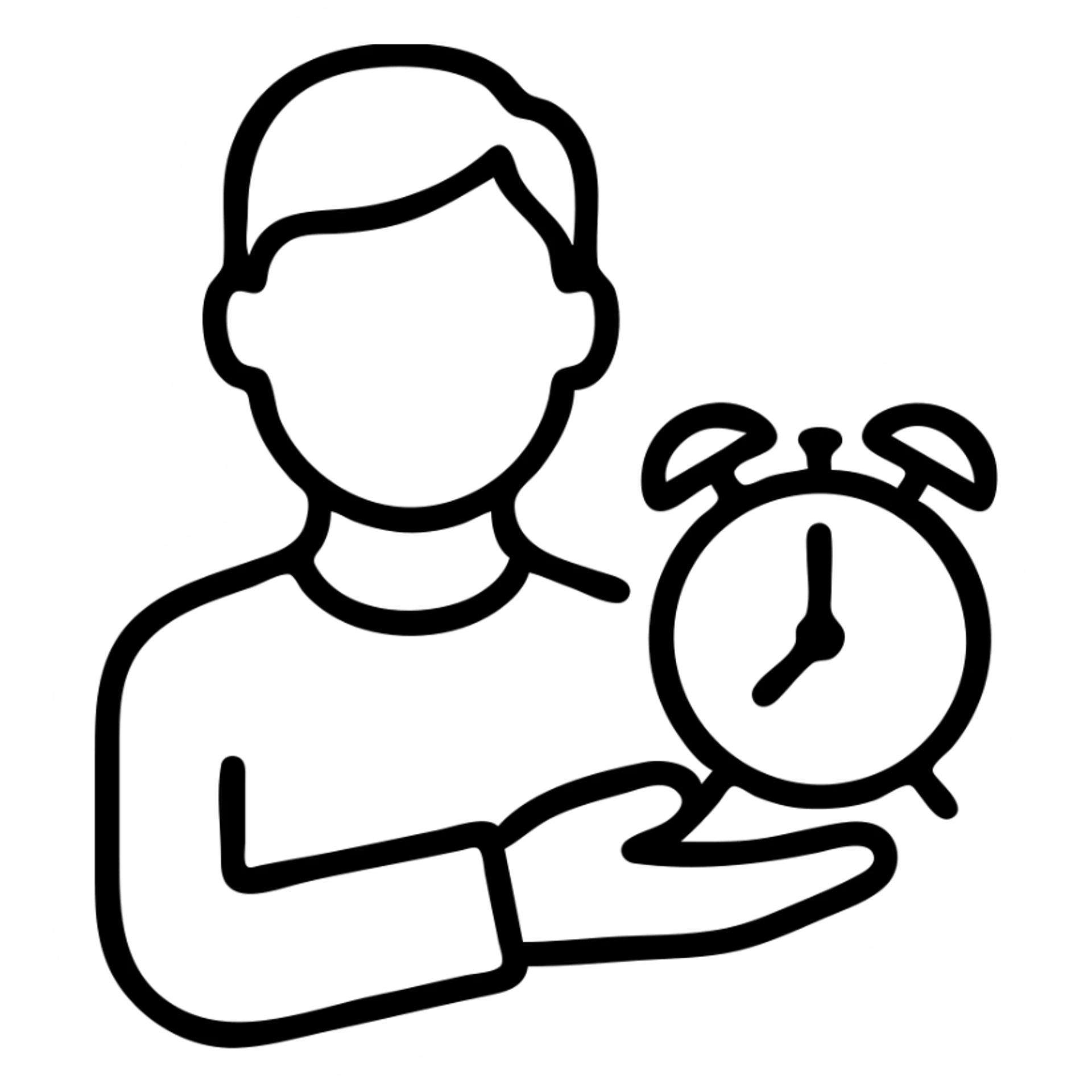 A man with brown hair holding a red alarm clock sticker