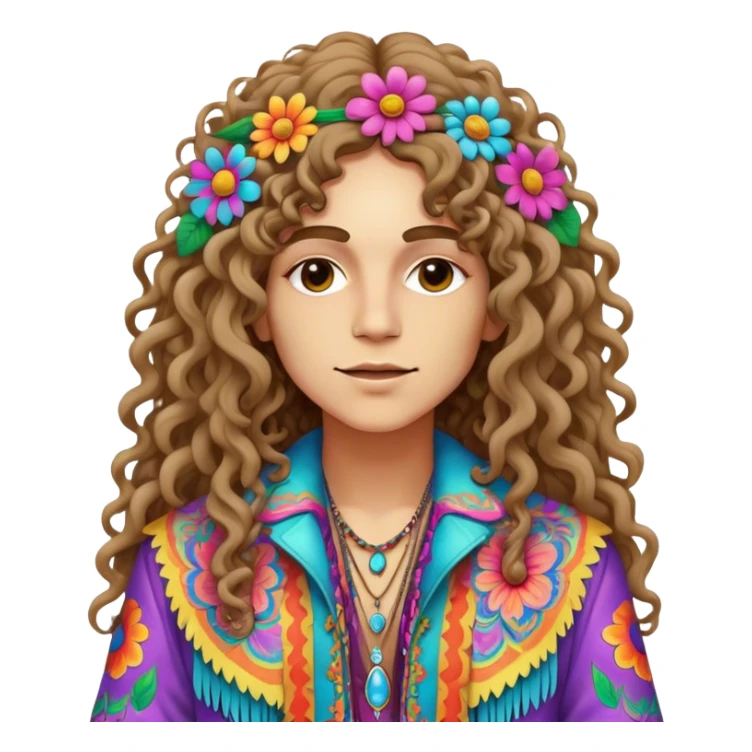 Create a 3D ultra detailed psychedelic colored hippie style flower border with a gorgeous hippie in the center with long curly hair and a fringed jacket sticker