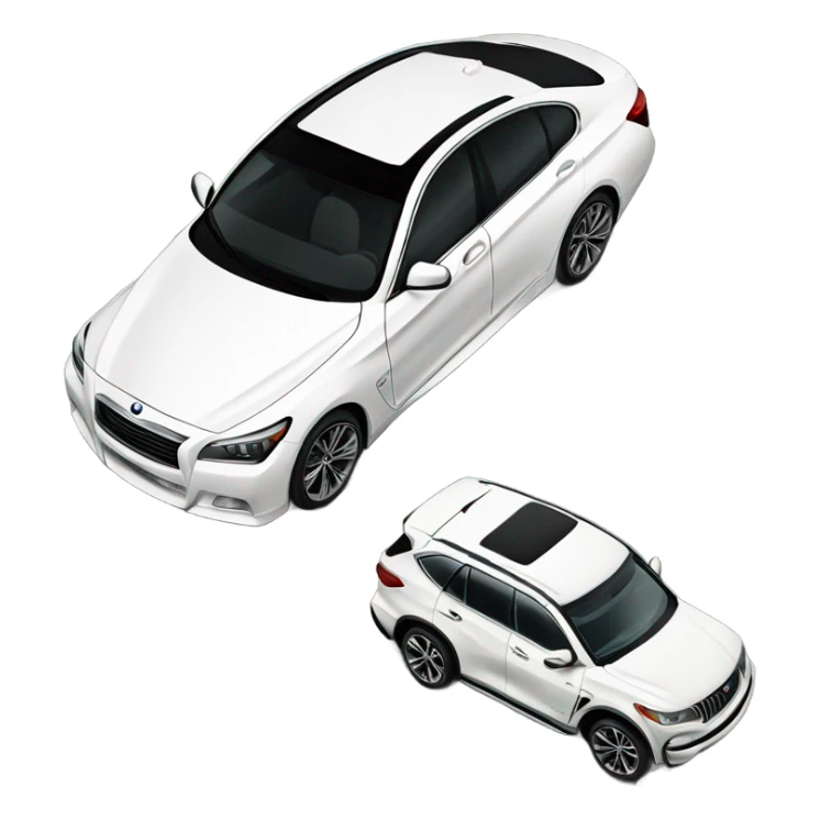 a white bmw parked next to a dark grey infiniti sticker