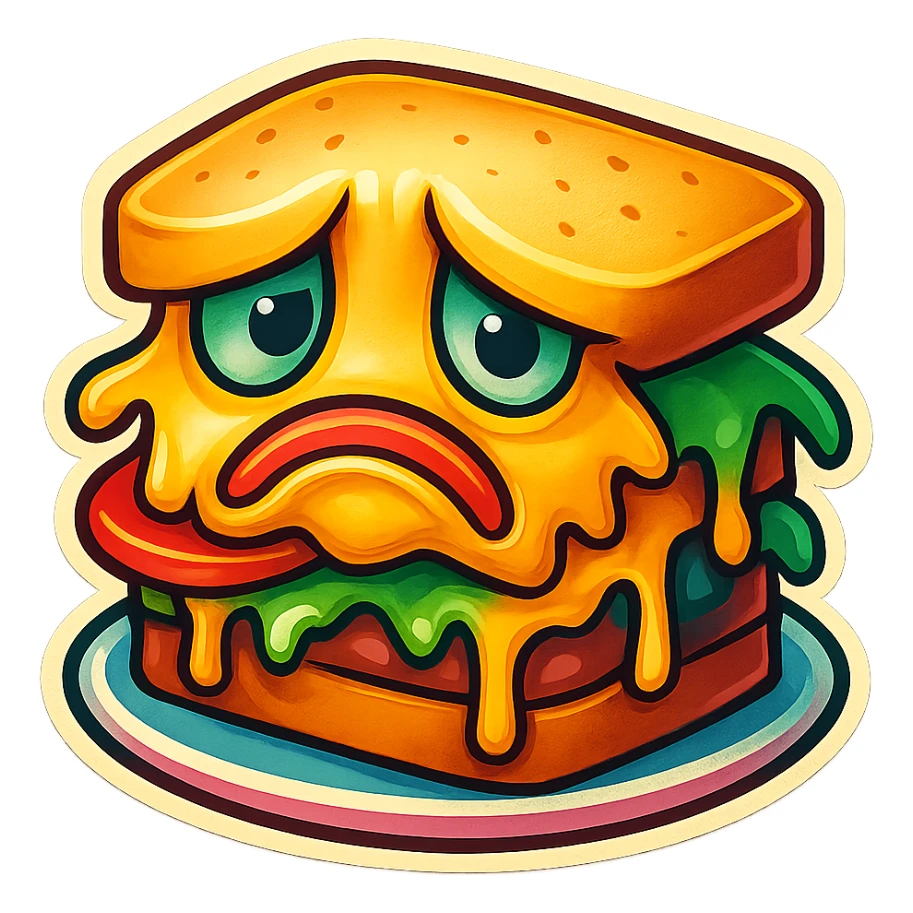 Make the gloomy sandwich brighter with bold colors, simplify to fewer layers, keep the frowning face and sad mood. sticker