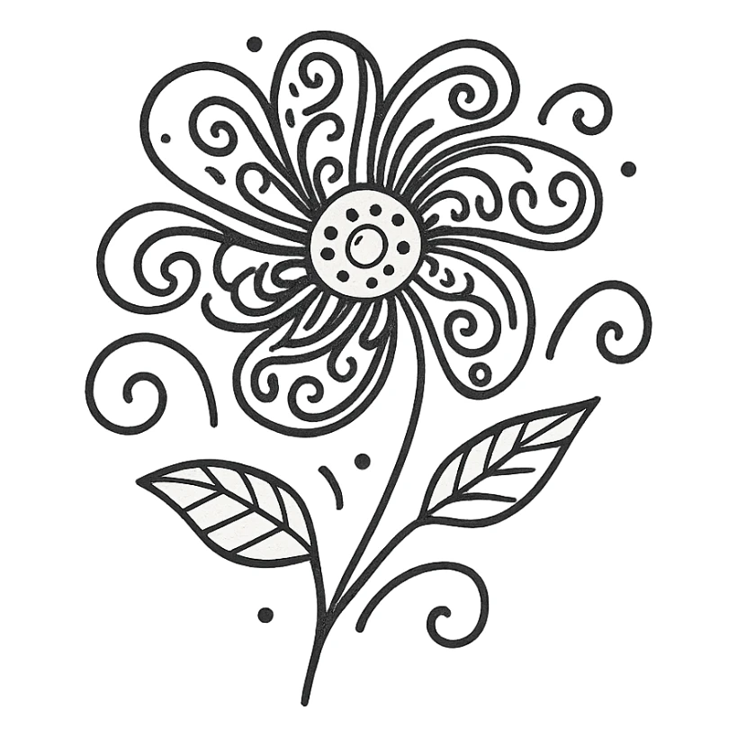 Один цветочек в стиле дудлинг — нарисован вручную, с тонкими завитками, узорами на лепестках, декоративными линиями и точками. Лепестки могут быть закручены или ажурные, как кружево sticker